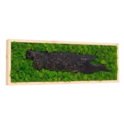 Tablou orizontal cu licheni verzi și scoarță lungă centrală, ramă lemn natur, 70x30 cm, vedere din stânga