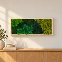 Tablou cu licheni stabilizați verde, verde închis și olive, ramă lemn natur, 70x30 cm, vedere pe perete