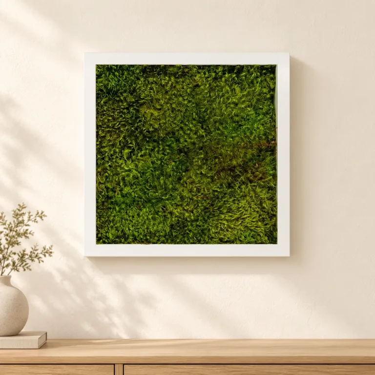 Tablou pătrat 30x30 cm cu mușchi stabilizat verde și ramă albă, vedere pe perete