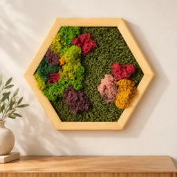Hexagon cu licheni colorați și mușchi verde, ramă din lemn 30×25 cm – decor pe perete