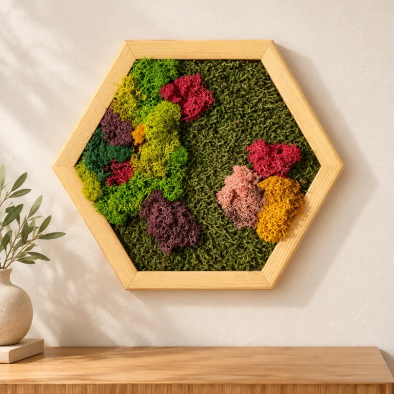 Hexagon cu licheni colorați și mușchi verde, ramă din lemn 30×25 cm – decor pe perete