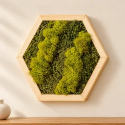 Decor hexagon cu licheni galben-verzui și mușchi verde, ramă din lemn 30×25 cm – decor pe perete