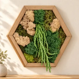 Tablou hexagonal cu licheni verzi și bej, plante curgătoare și ramă din lemn natur, pe un perete crem