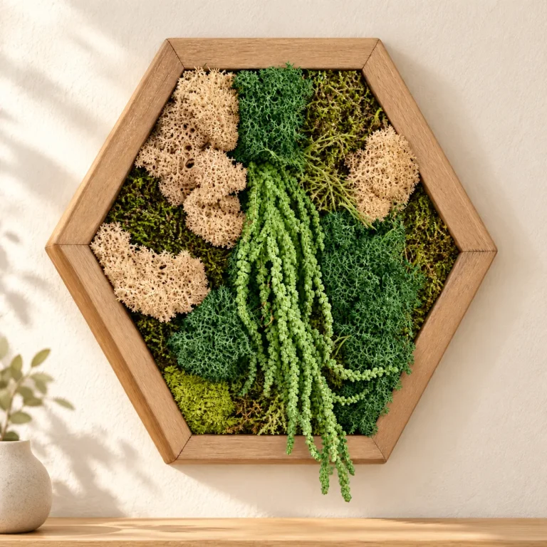 Tablou hexagonal cu licheni verzi și bej, plante curgătoare și ramă din lemn natur, pe un perete crem