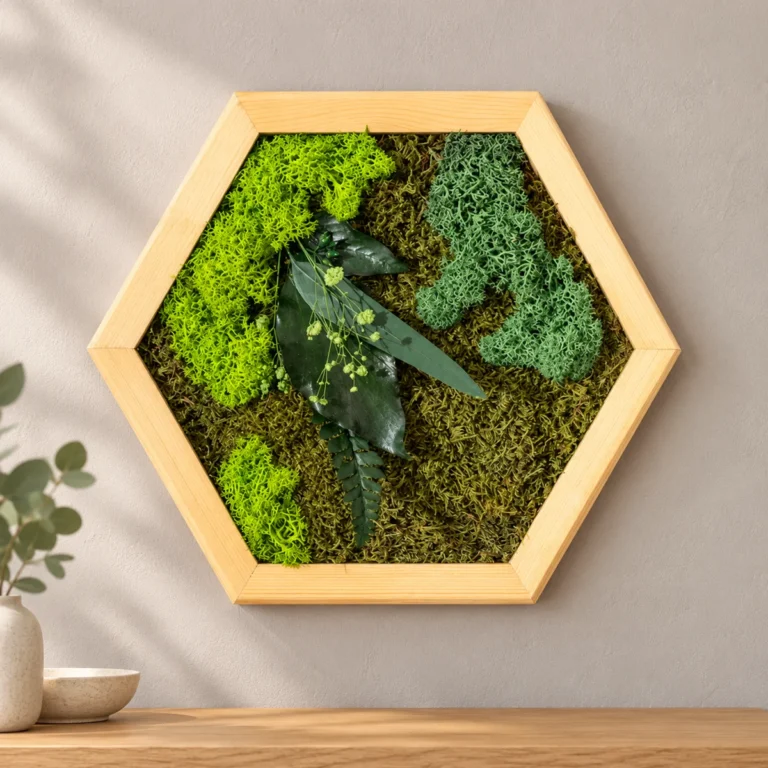 Tablou hexagon cu licheni verzi și mușchi, în ramă din lemn natur, pe un perete deschis