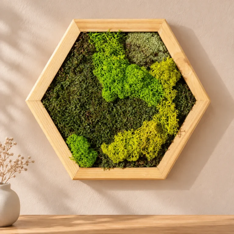 Tablou hexagon cu licheni verzi, mușchi și ramă din lemn 30×25 cm – decor pe perete