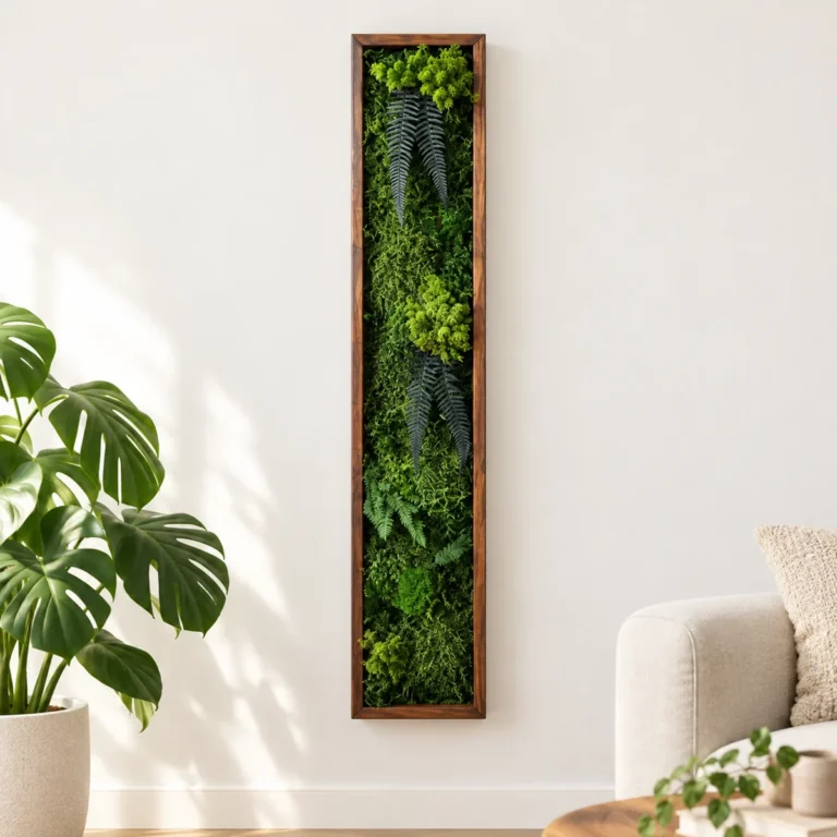 Tablou vertical cu mușchi verde și ferigi, ramă maro 100×15 cm – decor pe perete