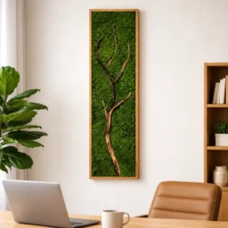Tablou vertical cu licheni verzi și ramură naturală, ramă din lemn 100×30 cm – decor pe perete