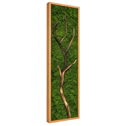 Tablou vertical cu licheni verzi și ramură naturală, ramă din lemn 100×30 cm – vedere laterală stânga