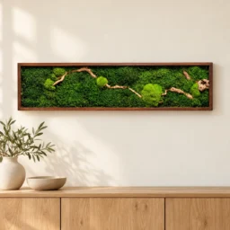 Tablou orizontal cu mușchi verde și lemn natural, ramă maro 100×20 cm – decor pe perete